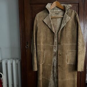 Rare GUESS Vintage Y2K Tan Camel Suede/Leather Lined Long Coat-Small